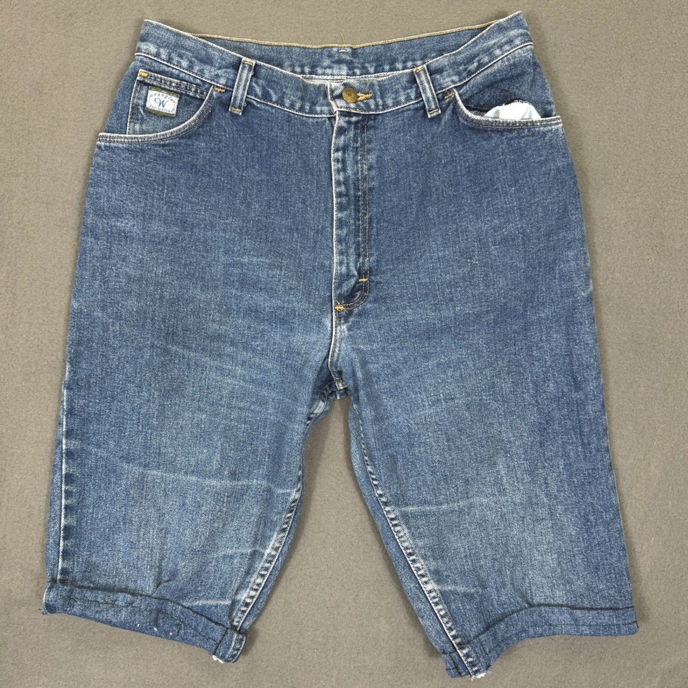 Vintage Wrangler Shorts Women 14 Blue High Waisted Denim Bermuda Mom Jean Retro